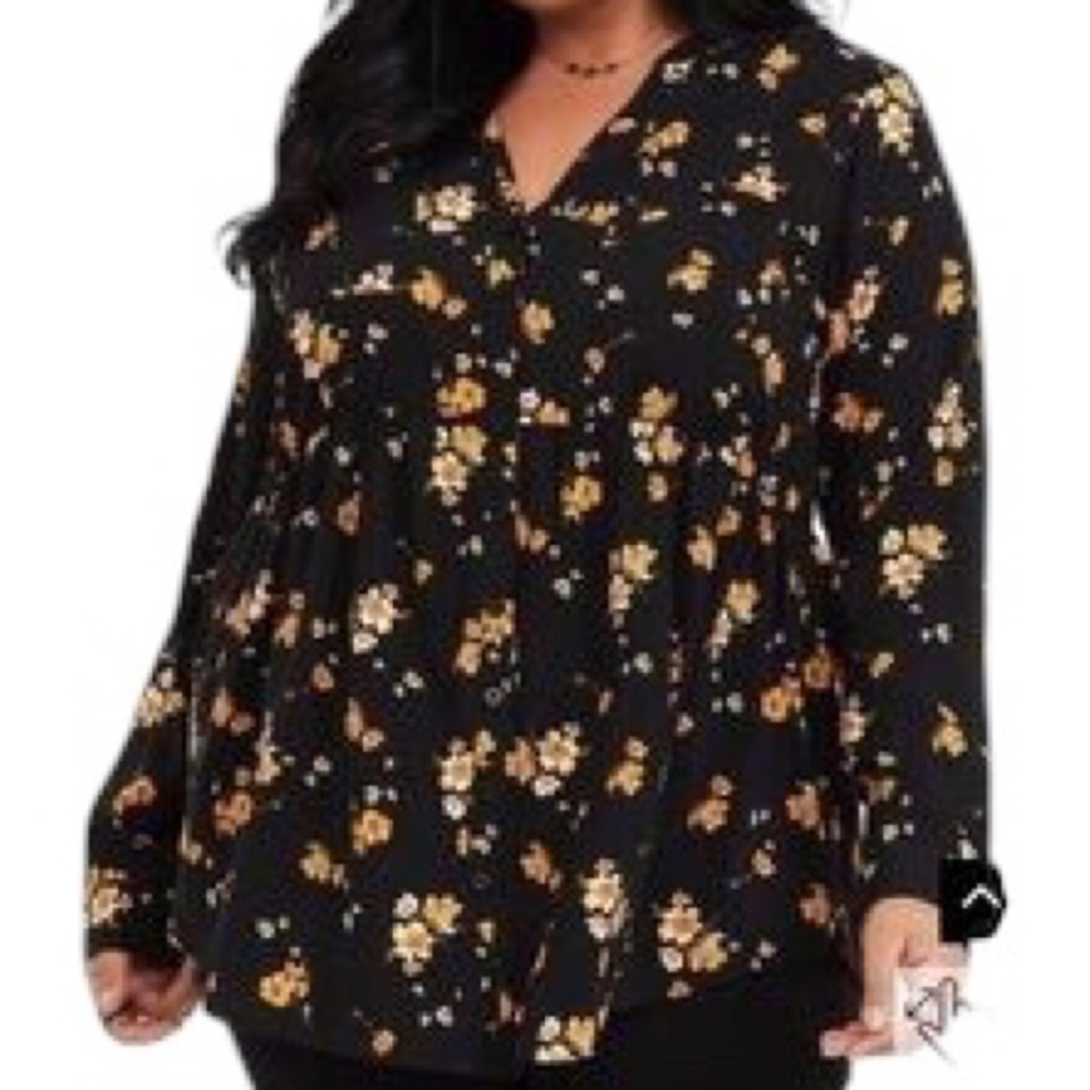 TORRID Black Yellow Floral Babydoll Long Sleeve Button Down Tunic Top Blouse 3X